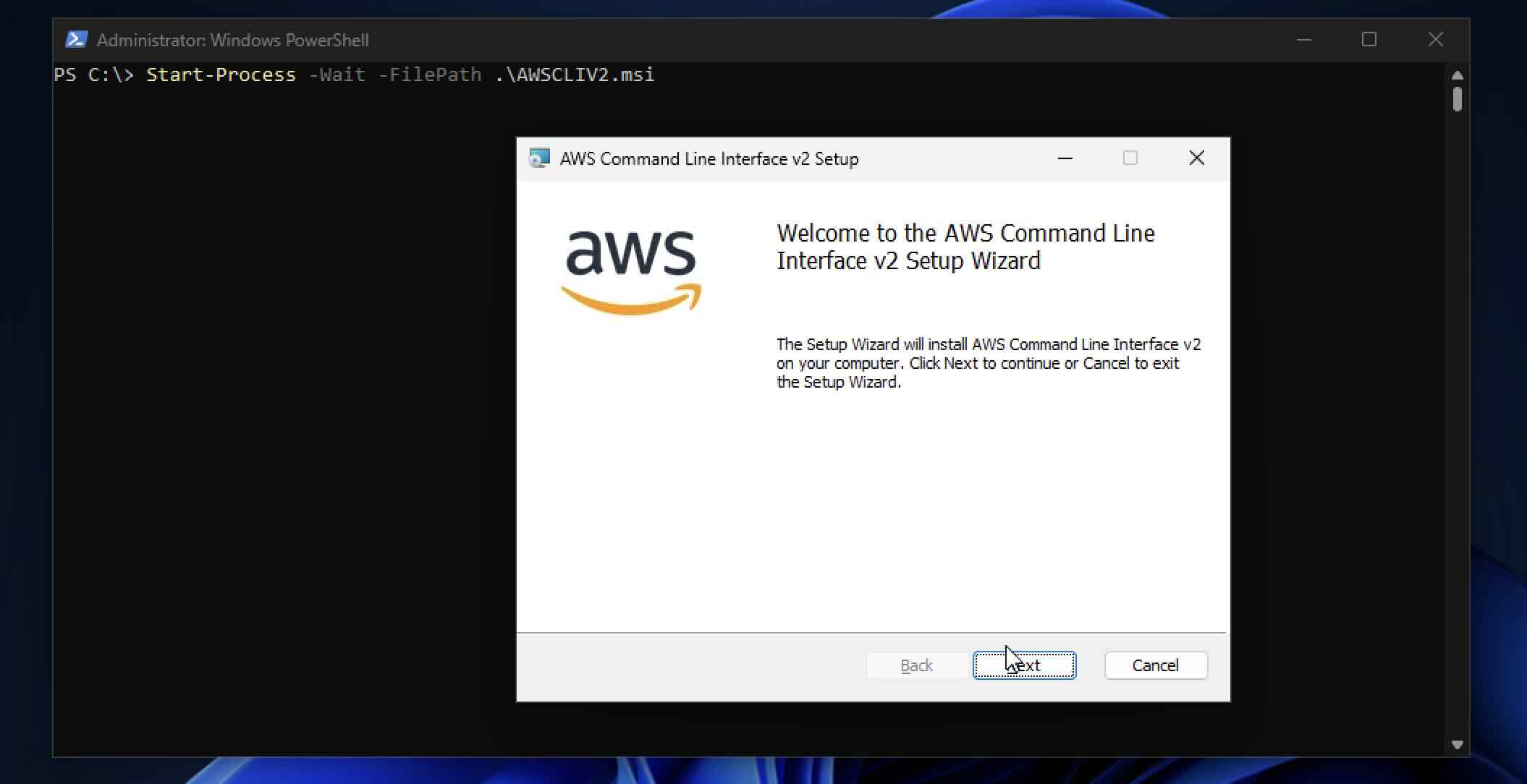 Welcome to the AWS Command Line Interface v2 Setup Wizard